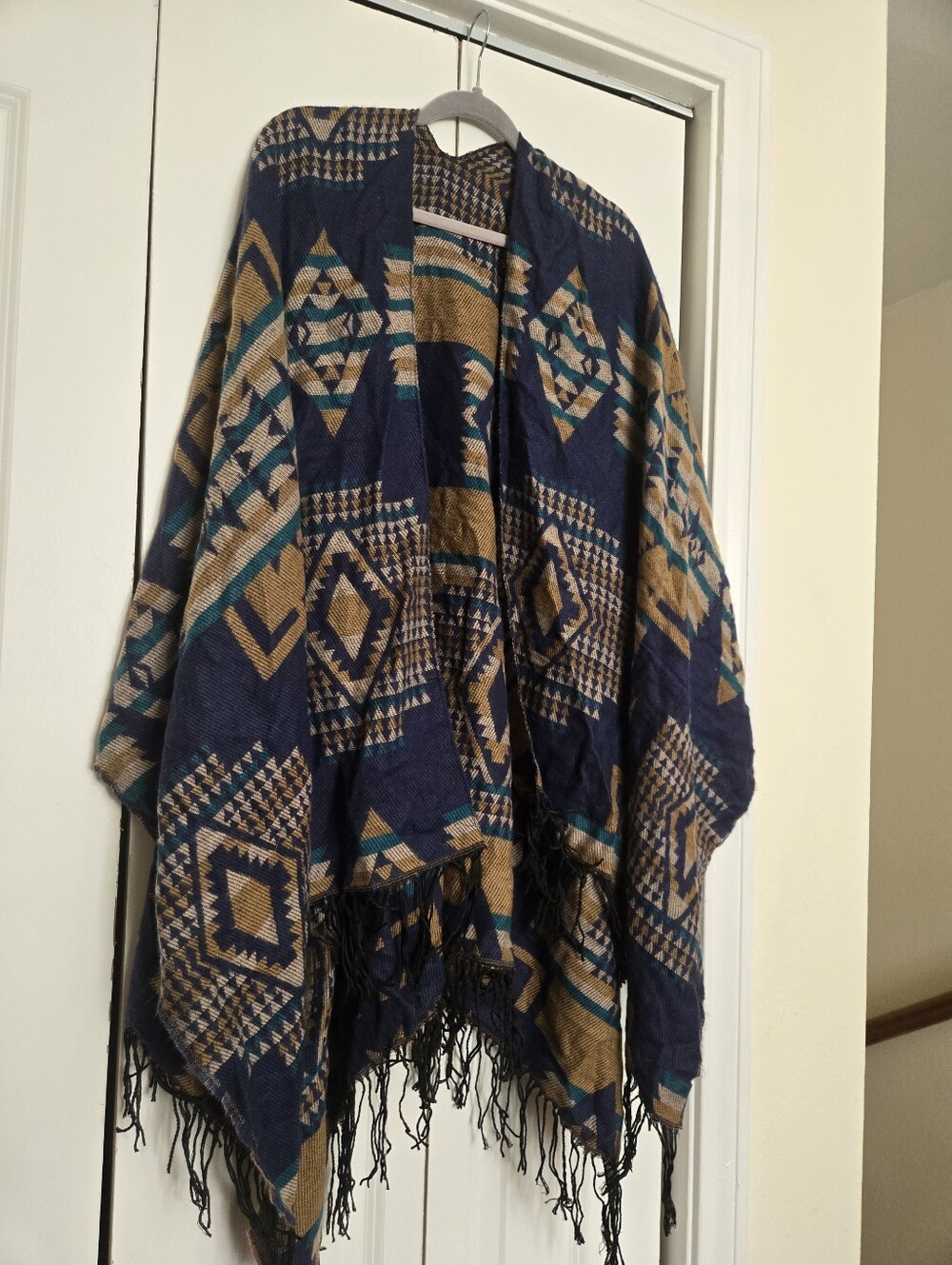 Navy and Tan Geometric Fringe Aztec Throw Shawl